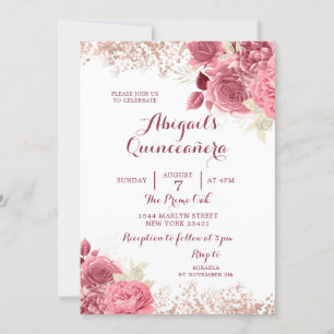Elegant Glitter Rose Gold Floral Quinceañera Invitation
