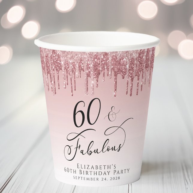 Elegant Glitter Rose Gold Pink 60th Birthday Party Paper Cups (Creator Uploaded)