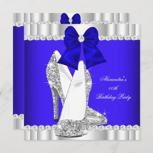 Elegant Glitter Royal Blue Silver High Heels 2 Invitation (Front/Back)