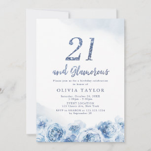 Elegant glitter script blue floral 21st birthday invitation