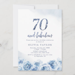 Elegant glitter script blue floral 70th birthday invitation