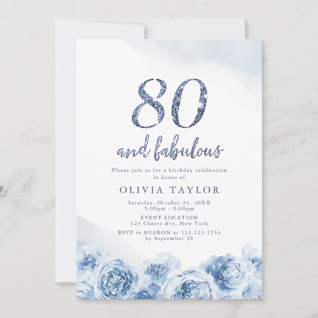 Elegant glitter script blue floral 80th birthday invitation (Front)