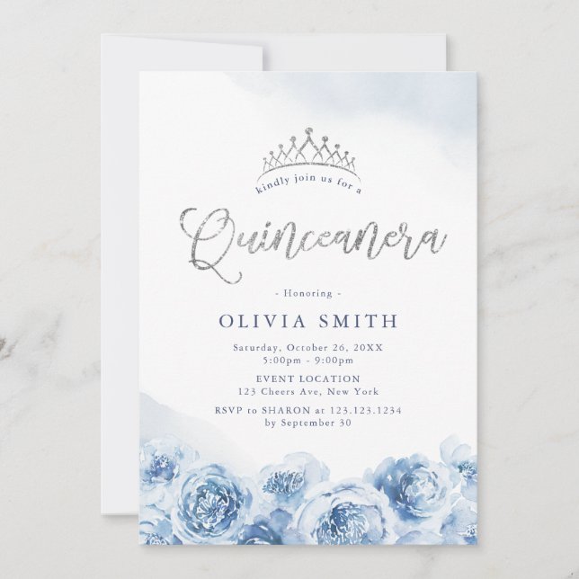Elegant glitter script blue floral Quinceanera Invitation (Front)