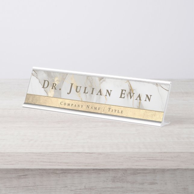 Elegant Glitter Shiny Gold Luxe White Agate Marble Desk Name Plate (Front)