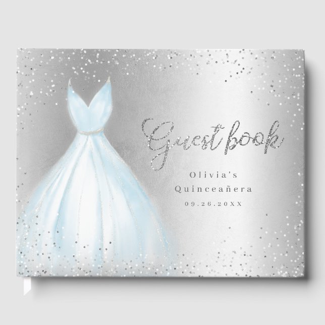Elegant glitter silver blue dress quinceañera guest book (Front)