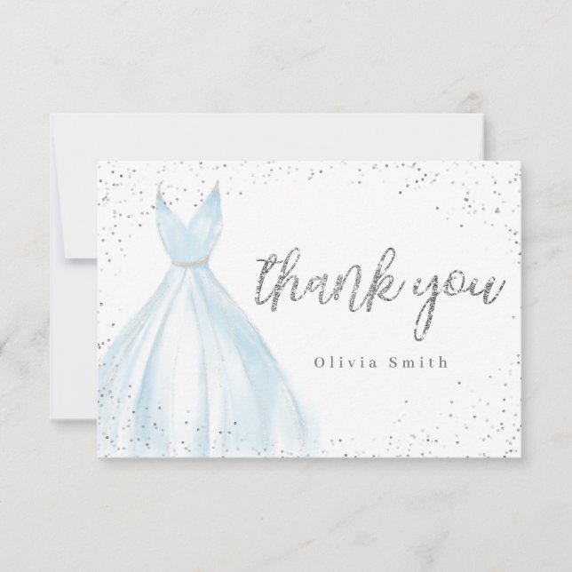 Elegant glitter silver blue dress quinceañera thank you card (Front)
