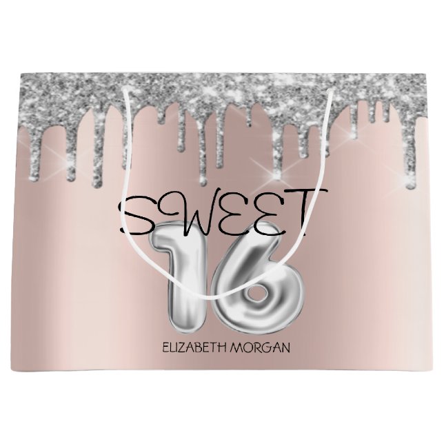Elegant Glitter Silver Drips Sweet 16 Large Gift Bag (Front)