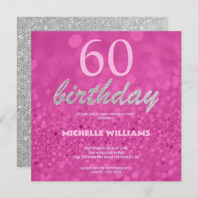 Elegant Glitter Silver Pink Calligraphy Birthday (Front/Back)