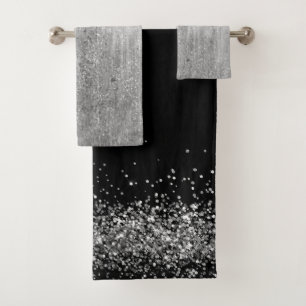 Elegant Glitter Silver with Black Bath Towel Set