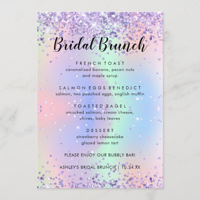 Elegant Glitter Sparkly Bridal Brunch Menu Cards (Front)