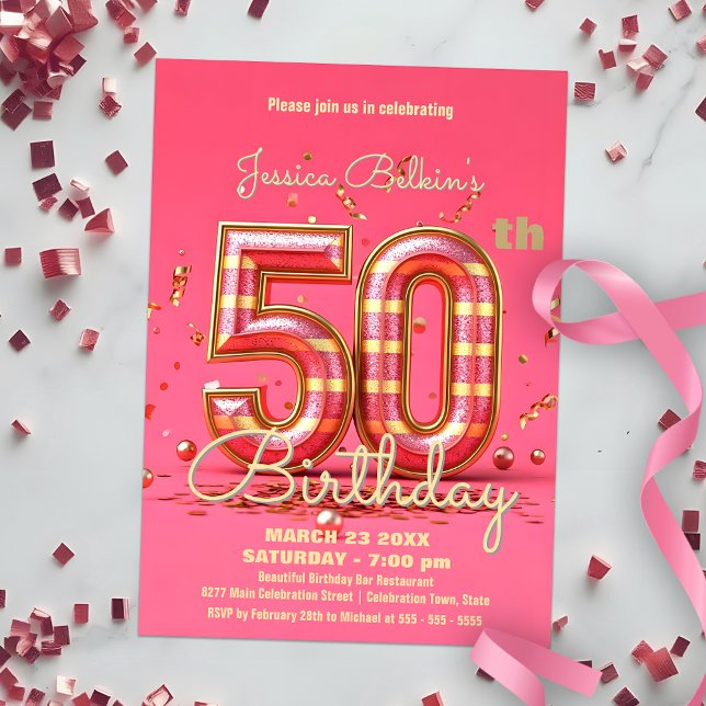 Elegant Glitter Striped Pink & Gold 50th Birthday  Invitation (Creator Uploaded)