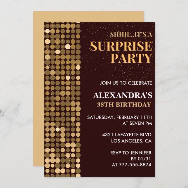 Elegant Glitter Surprise party Gold 38th birthday Invitation (Front/Back)