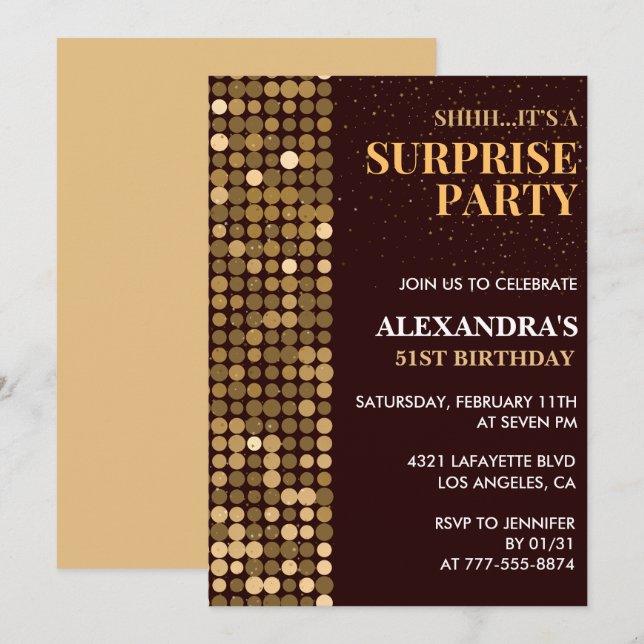 Elegant Glitter Surprise party Gold 51st birthday Invitation (Front/Back)