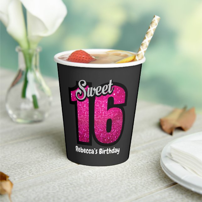Elegant Glitter Sweet 16 Birthday Personalised Paper Cups (Insitu)