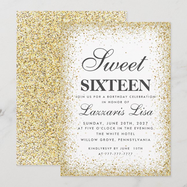 Elegant Glitter Sweet 16 White Birthday Invitation (Front/Back)