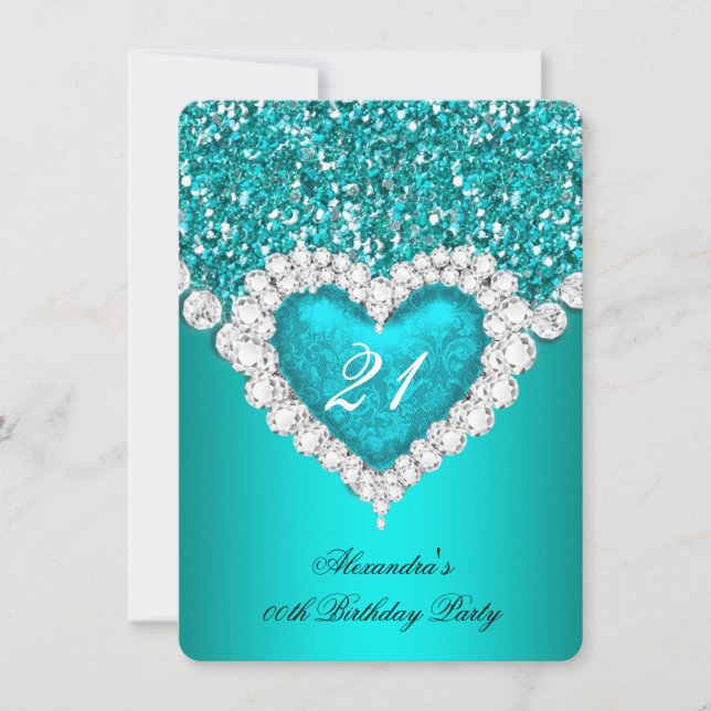 Elegant Glitter Teal Blue Diamond Heart Birthday Invitation (Front)