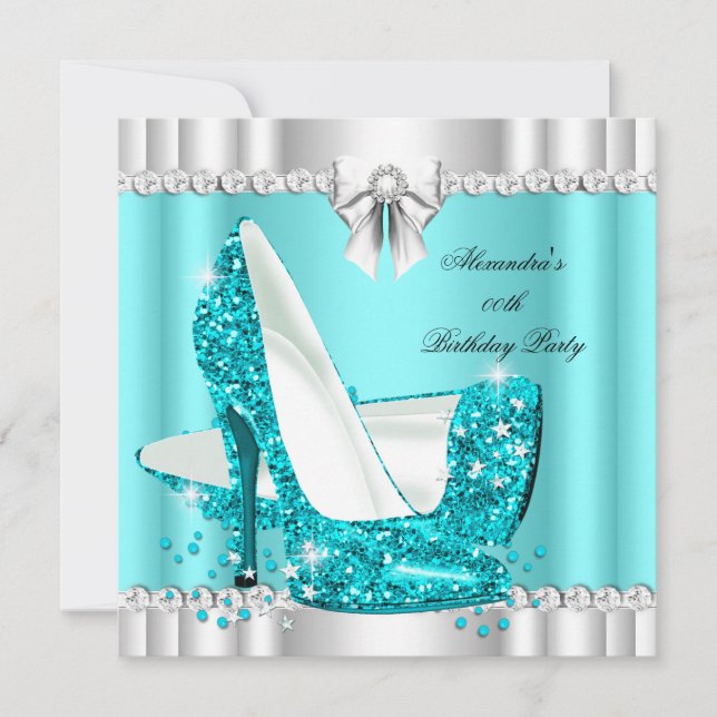 Elegant Glitter Teal Blue Glamour Hi Heels Silver Invitation (Front)
