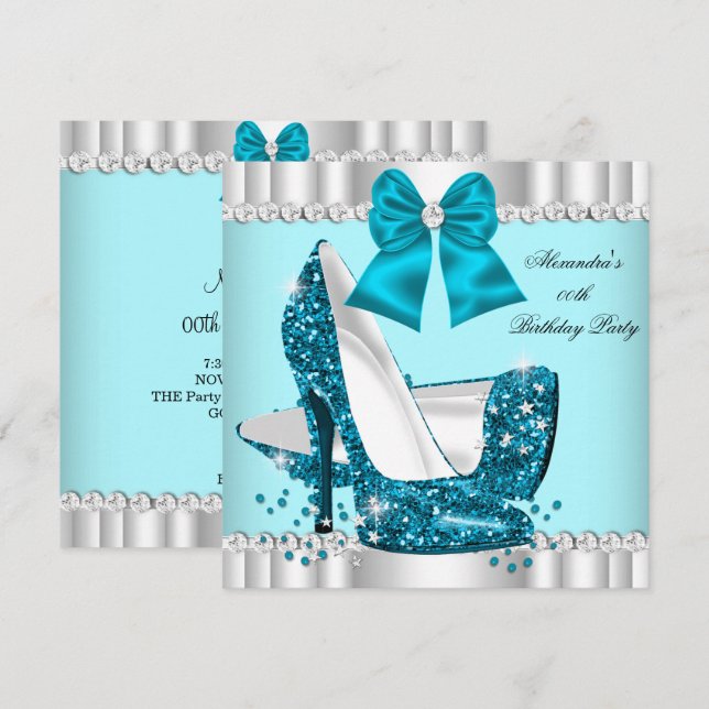Elegant Glitter Teal Blue Glamour High Heel Silver Invitation (Front/Back)
