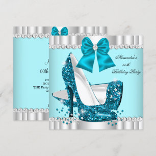 Elegant Glitter Teal Blue Glamour High Heel Silver Invitation
