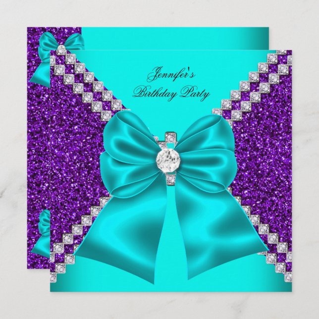Elegant Glitter Teal Purple Diamonds Birthday Invitation (Front/Back)