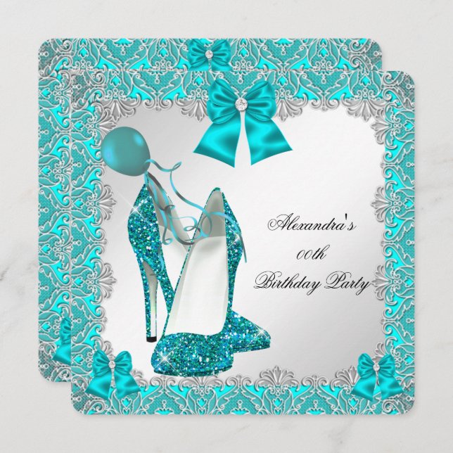 Elegant Glitter Teal Stiletto Birthday Party Invitation (Front/Back)