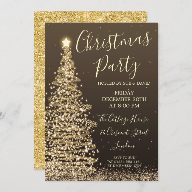 Elegant Glitter Tree Gold Christmas Party  Invitation (Front/Back)