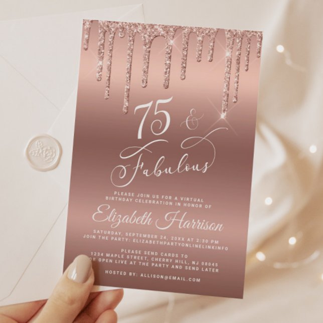 Elegant Glitter Virtual 75th Birthday Party  Invitation (75 & Fabulous: Toast to a Life Well Celebrated!)