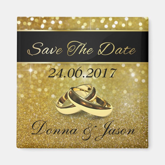 Elegant Glitter Wedding Rings Save the Date Magnet (Front)