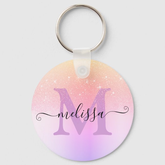 Elegant Glittering Pink Ombre Glitter Rain Modern Key Ring (Front)