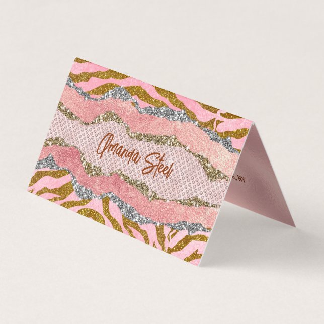 Elegant glittery blush rose animal print monogram business card (Front)