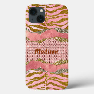 Elegant glittery blush rose animal print monogram  iPhone 13 case