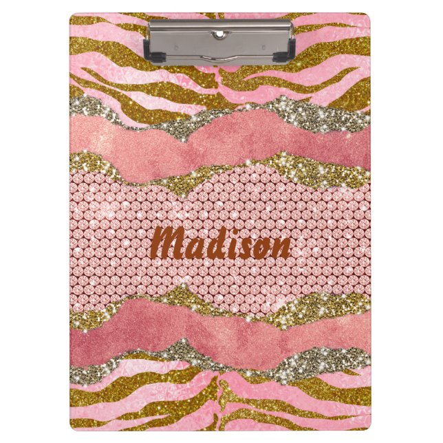 Elegant glittery blush rose animal print monogram clipboard (Front)