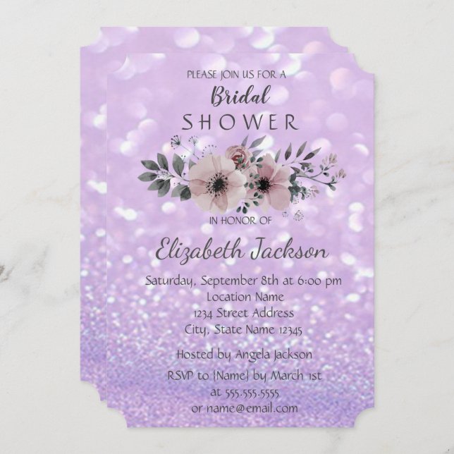 Elegant Glittery Bokeh Floral Bridal Shower Invitation (Front/Back)