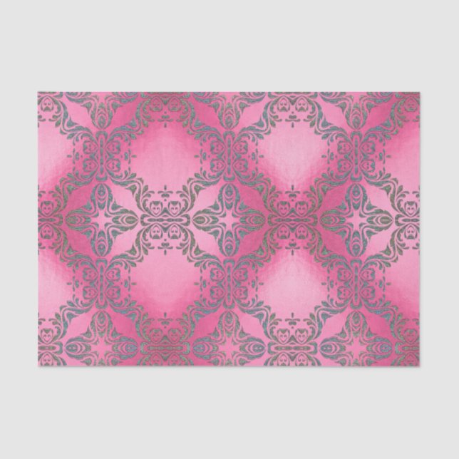 Elegant Glittery Damask Pattern On Pink Metallic Tissue Paper (Front)