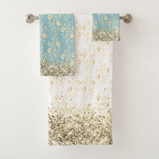 Elegant Glittery Flowers on Powder Blue Bath Towel Set (Insitu)
