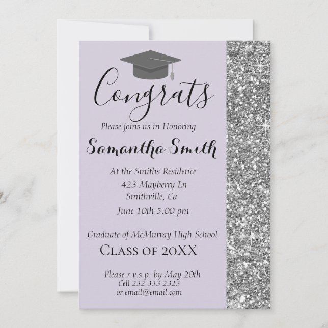 Elegant Glittery Lavender Graduation Invitation (Front)