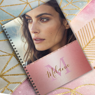 Elegant glittery pink metal glam monogram notebook