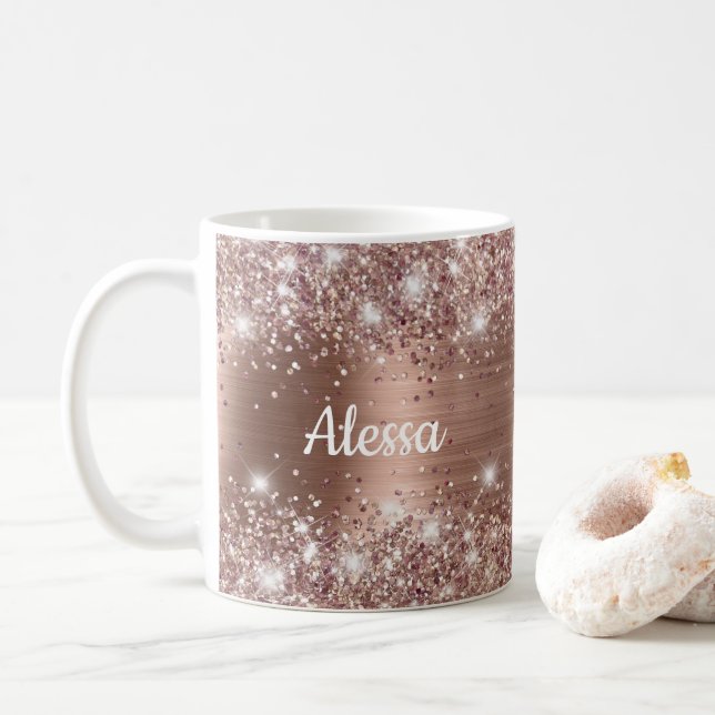 Elegant Glittery Rose Gold Glam Name Coffee Mug (With Donut)
