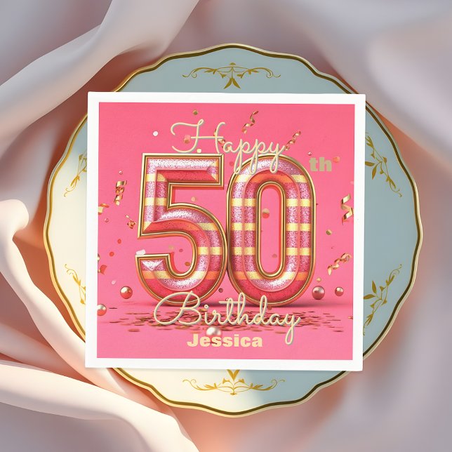 Elegant Glitzy Striped Pink & Gold 50th Birthday  Napkin (Creator Uploaded)