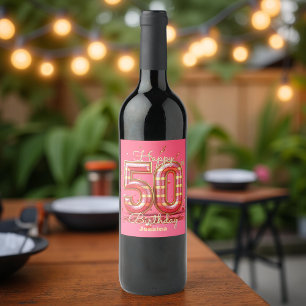Elegant Glitzy Striped Pink & Gold 50th Birthday Wine Label