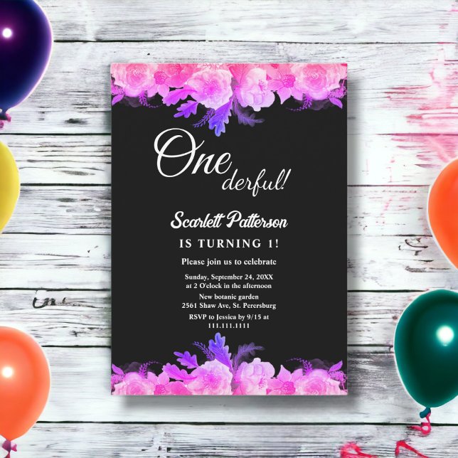 Elegant Glow Roses Neon Floral 1st Birthday Invitation (Creator Uploaded)