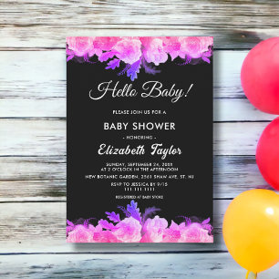 Elegant Glow Roses Neon Modern Floral Baby Shower Invitation