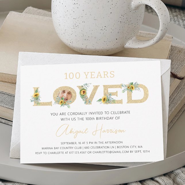 Elegant Gold 100 Years Loved Photo Birthday Party Invitation (Elegant Gold 100 Years Loved Photo Birthday Party Invitation)