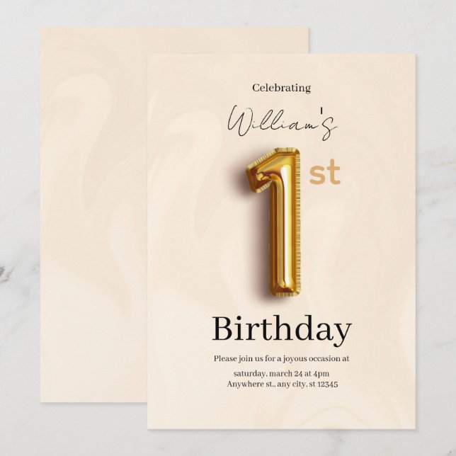 Elegant Gold 1st Birthday Invite, Minimalist Boy  Invitation (Front/Back)