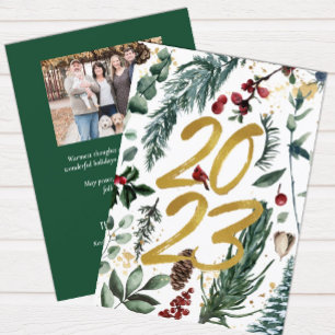 Elegant Gold 2023 Festive Pine Bough Floral Photo Holiday Card