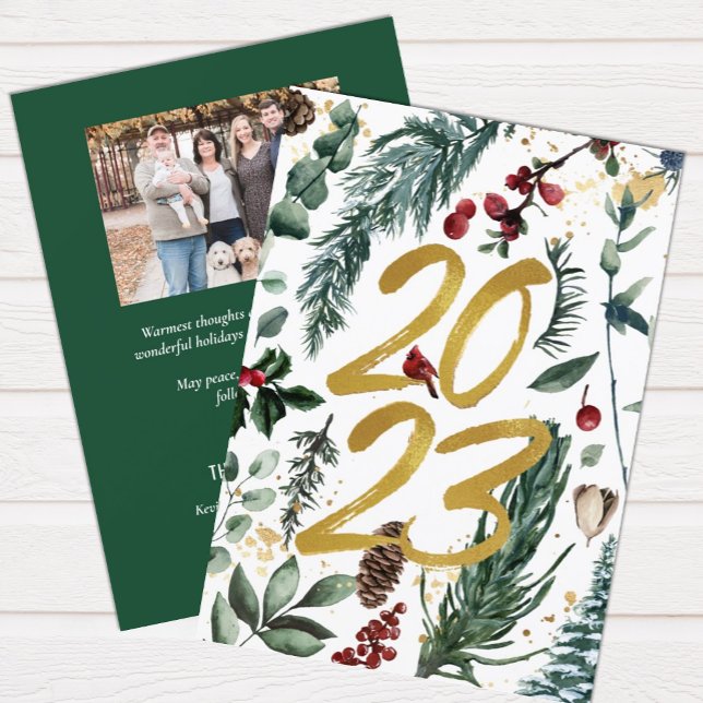 Elegant Gold 2023 Festive Pine Bough Floral Photo Holiday Card (Creator Uploaded)