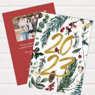 Elegant Gold 2023 Festive Pine Bough Floral Photo Holiday Card