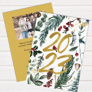 Elegant Gold 2023 Festive Pine Bough Floral Photo Holiday Card