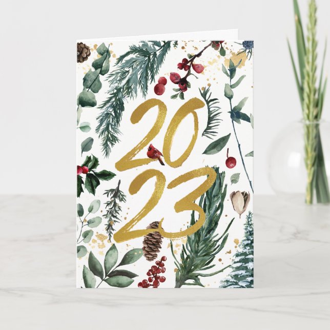 Elegant Gold 2023 Festive Pine Greenery Red Floral Holiday Card (Front)