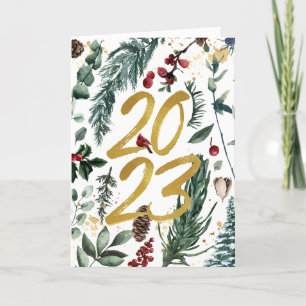 Elegant Gold 2023 Festive Pine Greenery Red Floral Holiday Card